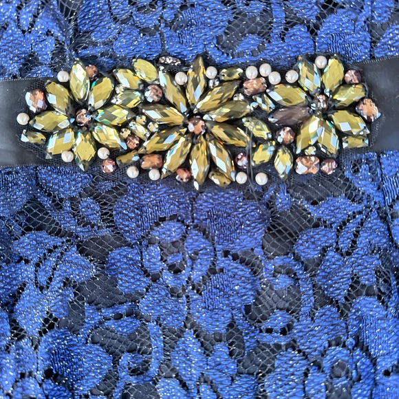 NWT Adriana Papell Navy Lace Overlay Jeweled Belted Formal Dress Gown Size 6 - Picture 9 of 13